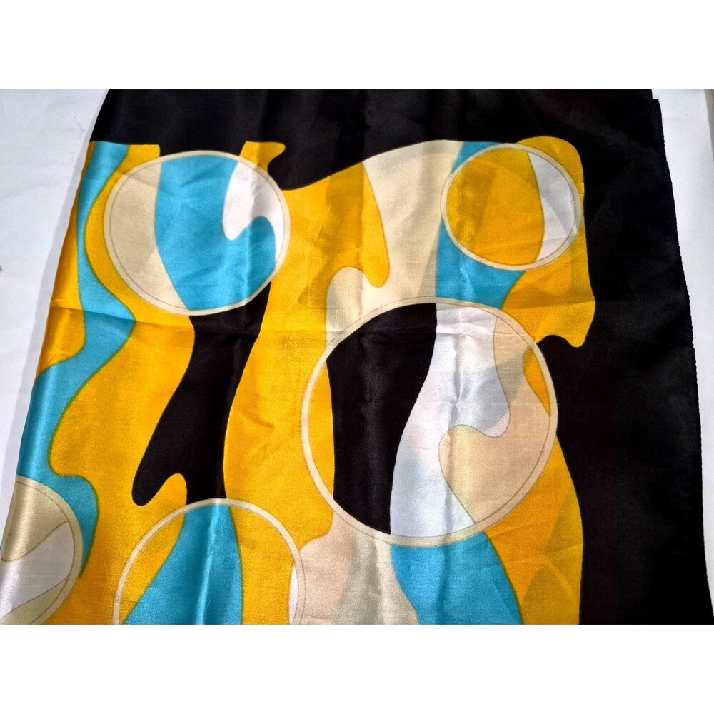 VTG Jacques Piaget Designer Silk Scarf Black With Yellow White & Blue Design